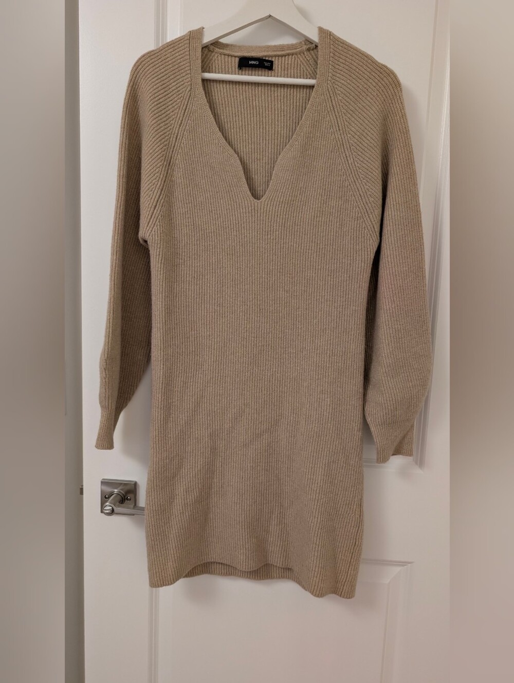 Mango Ribbed V-Neck Sweater Dress in Taupe